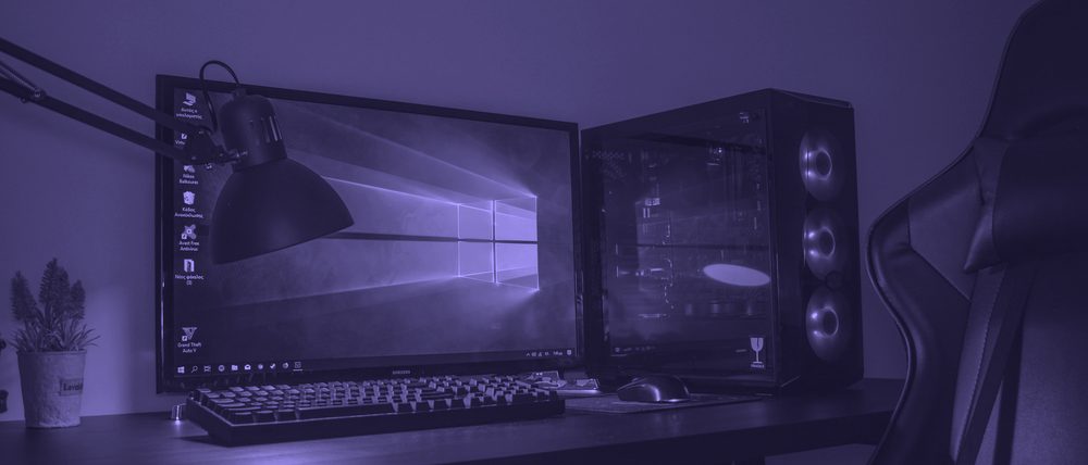 A home desk setup at night